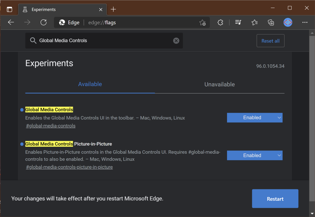 Global Media Controls Experimental flags in Microsoft Edge